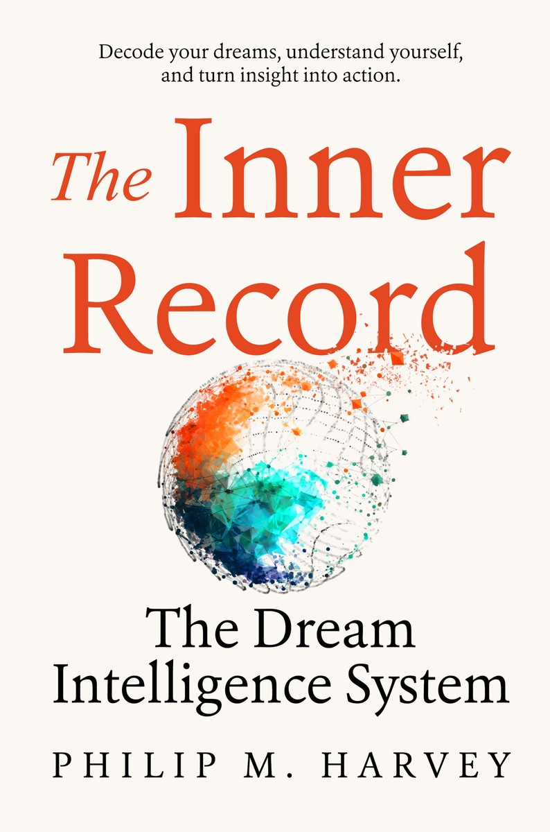 The Inner Record: The Dream Intelligence System, book cover by Anze Ban V., cream background with terracotta title and a fragmenting low-poly sphere